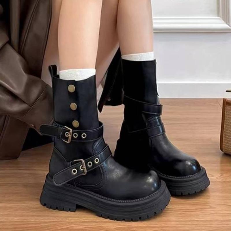 Fashion Metal Decoration Women's Short Boots 2025 New All-match Buckle Women Thick Bottom Long Boots Fashion Retro Shoes for Woman Botas