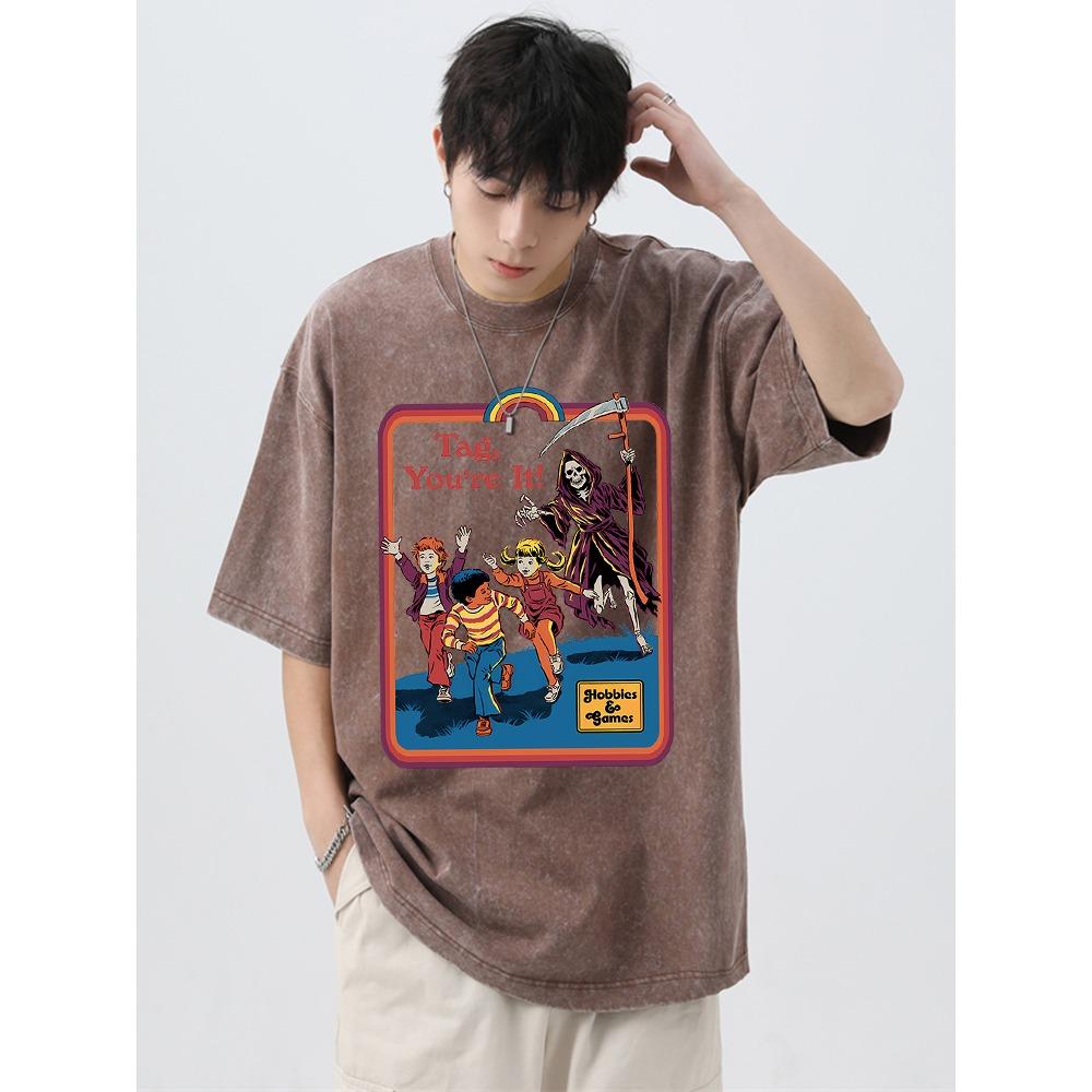 Death Is Chasing Me From Behind Washed Retro Male T-Shirt Breathable Oversize Tees Summer Cotton Clothes Couple