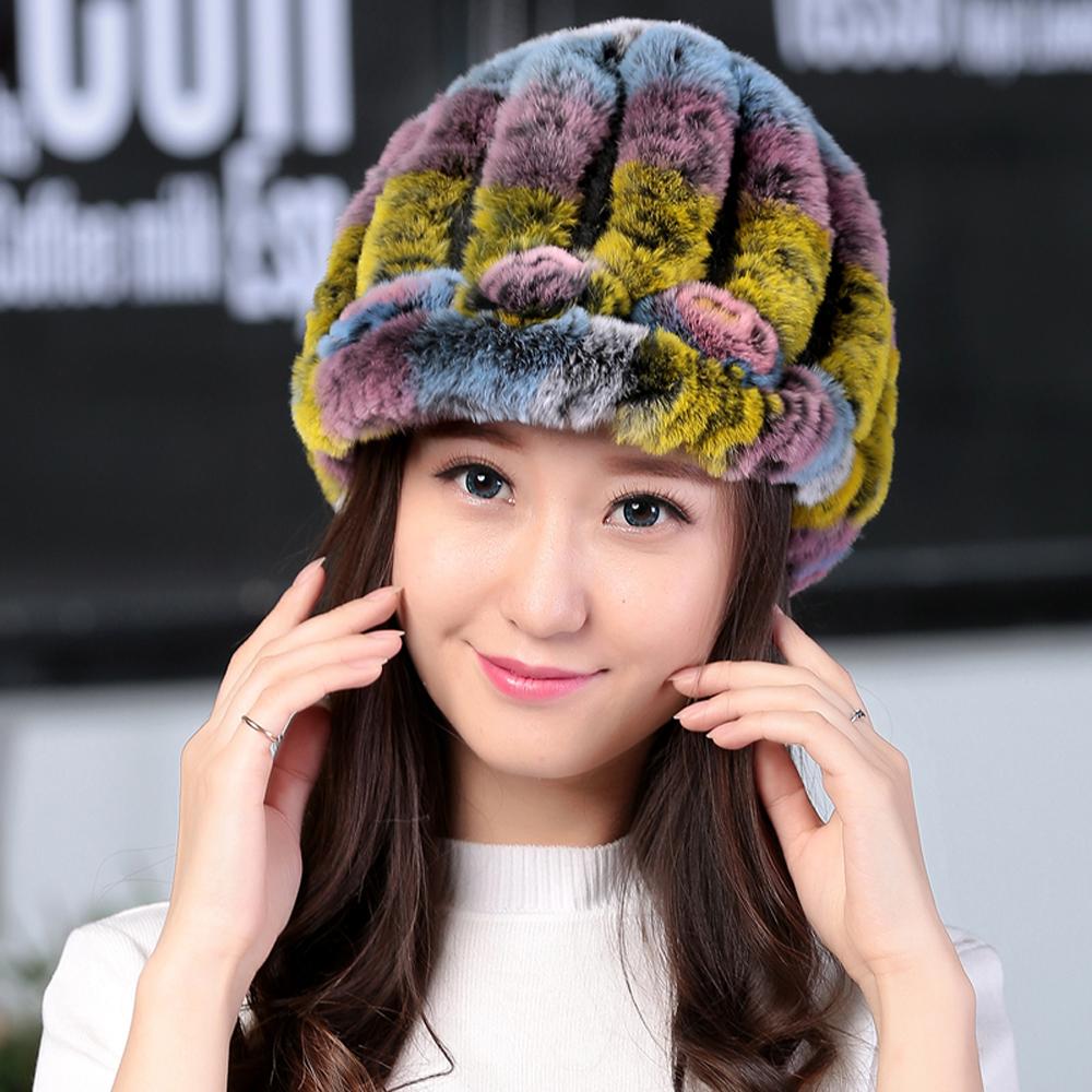 Hot Sale Women Real Rex Rabbit Fur Hat Winter Warm Genuine Rex Rabbit Fur Beanies Caps Knitted Natural Rex Rabbit Fur Cap