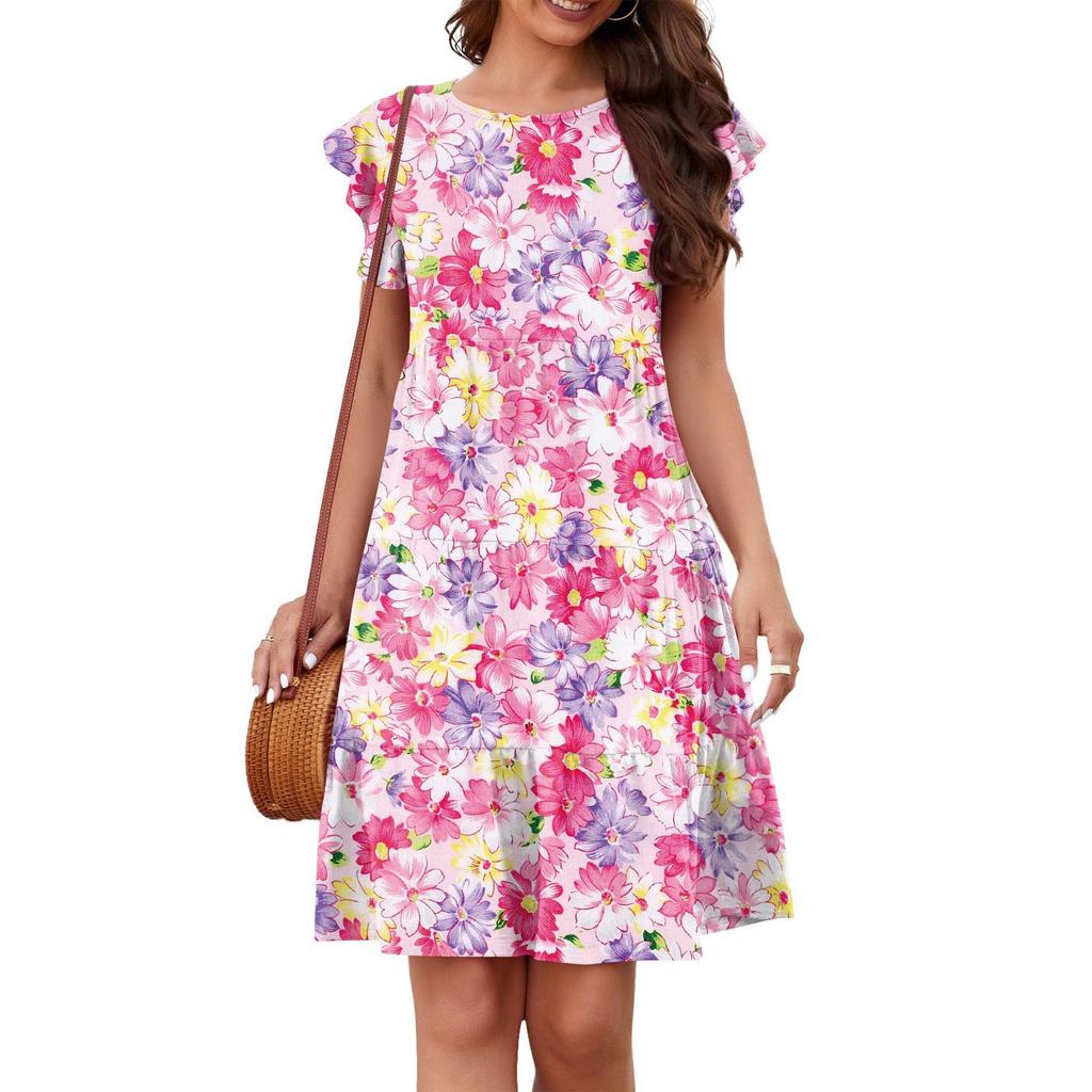 Summer Beach Dress For Women Casual Round Neck Tunic Ruffle Short Sleeve A-Line Tiered Babydoll Dress Flowy  Dress