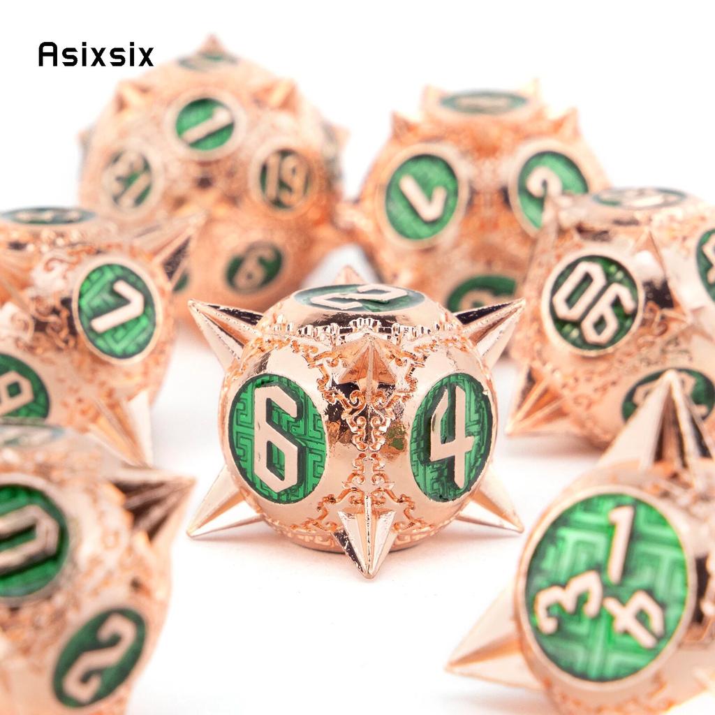 7 Pcs Copper Green Meteor Hammer Metal Dice Solid Metal Polyhedral Dice Set Suitable for Role-Playing RPG Board Game Card Game