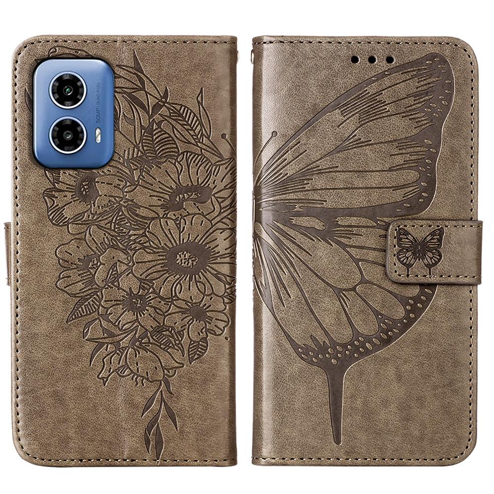 For Motorola Moto G45 5G/G34 5G Wallet Case with Wrist Strap Butterfly Imprint Leather Phone Cover