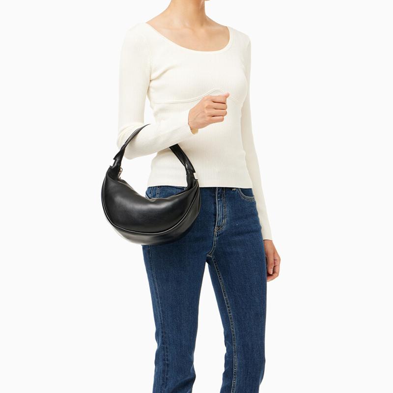 Calvin Klein Minimalist Commuter Niche Pleated Zipper Underarm Bag Crescent Bag Women Handbags Space-Black 4F3010G-UB1