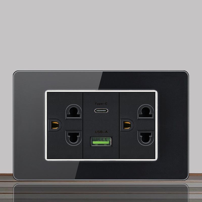 Brazil US Wall Light Switch Power Socket with USB Type-c 20W,Italy Chilean Fast Charging Tempered Glass Panel Universal Outlet