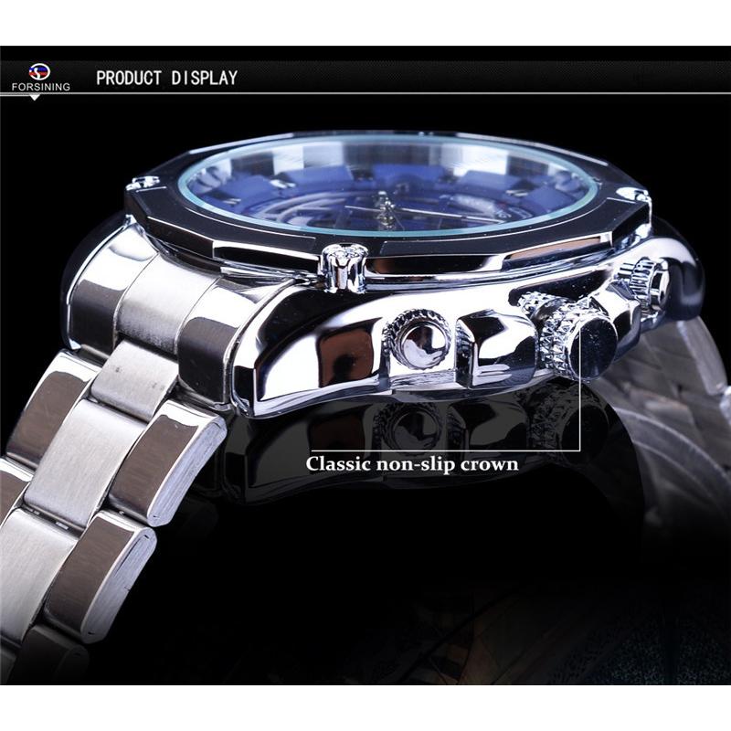 Forsining Men's Fashion Casual Blue Openwork Waterproof Mechanical Watch