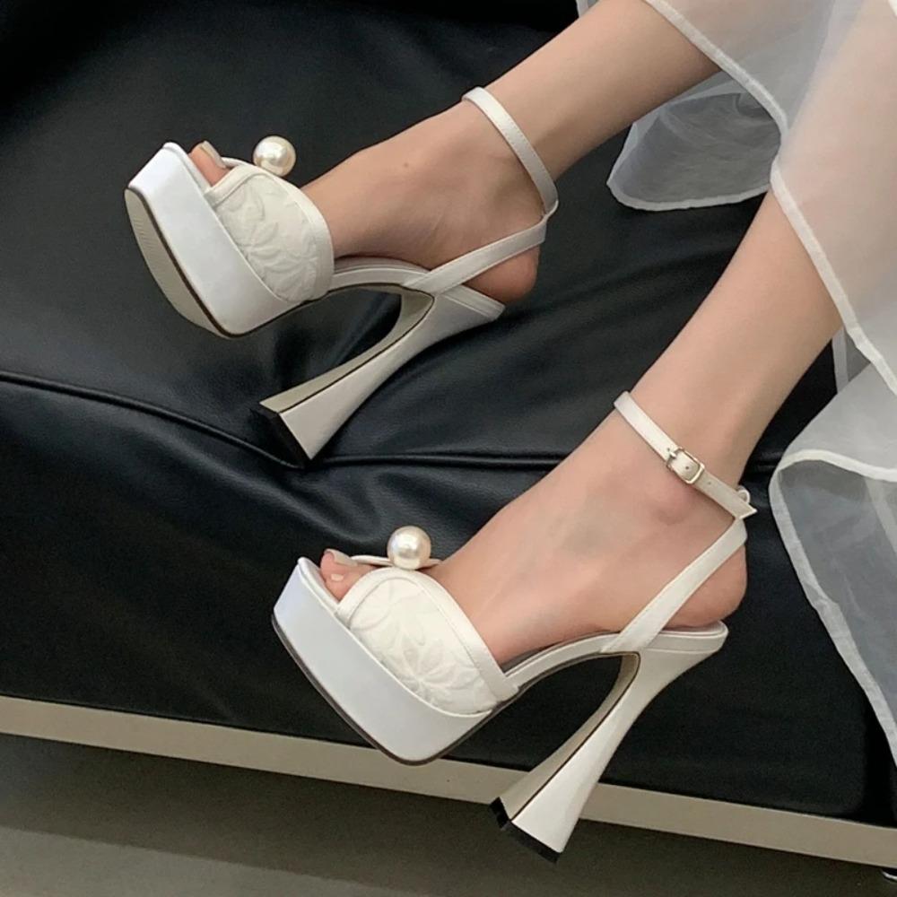 Pesstwei New Summer Fashion Peep Toe Sandals Women Buckle Strap Mesh Satin Pearl Square Heels Party Shoes Zapatos De Mujer