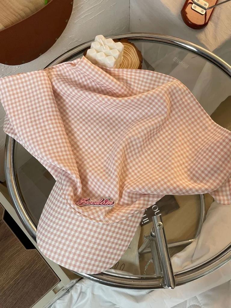 Мятно-зеленые клетчатые шапки-косынки с ремешком для женщин, летние солнцезащитные шапки для путешествий, универсальные модные солнцезащитные шляпы с наклейками