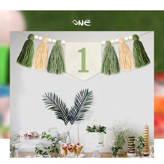 1st Birthday High Chair Banner Decoration Green Tassel Themed Birthday Party Decoration Girl Baby Shower Wall Hanging Banner