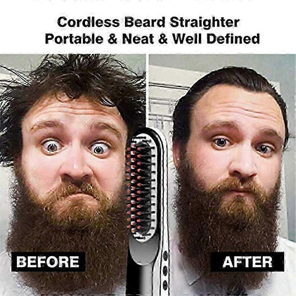 Wireless Tourmaline Ceramic Beard & Hair Straightener Brush, USB Rechargeable, L