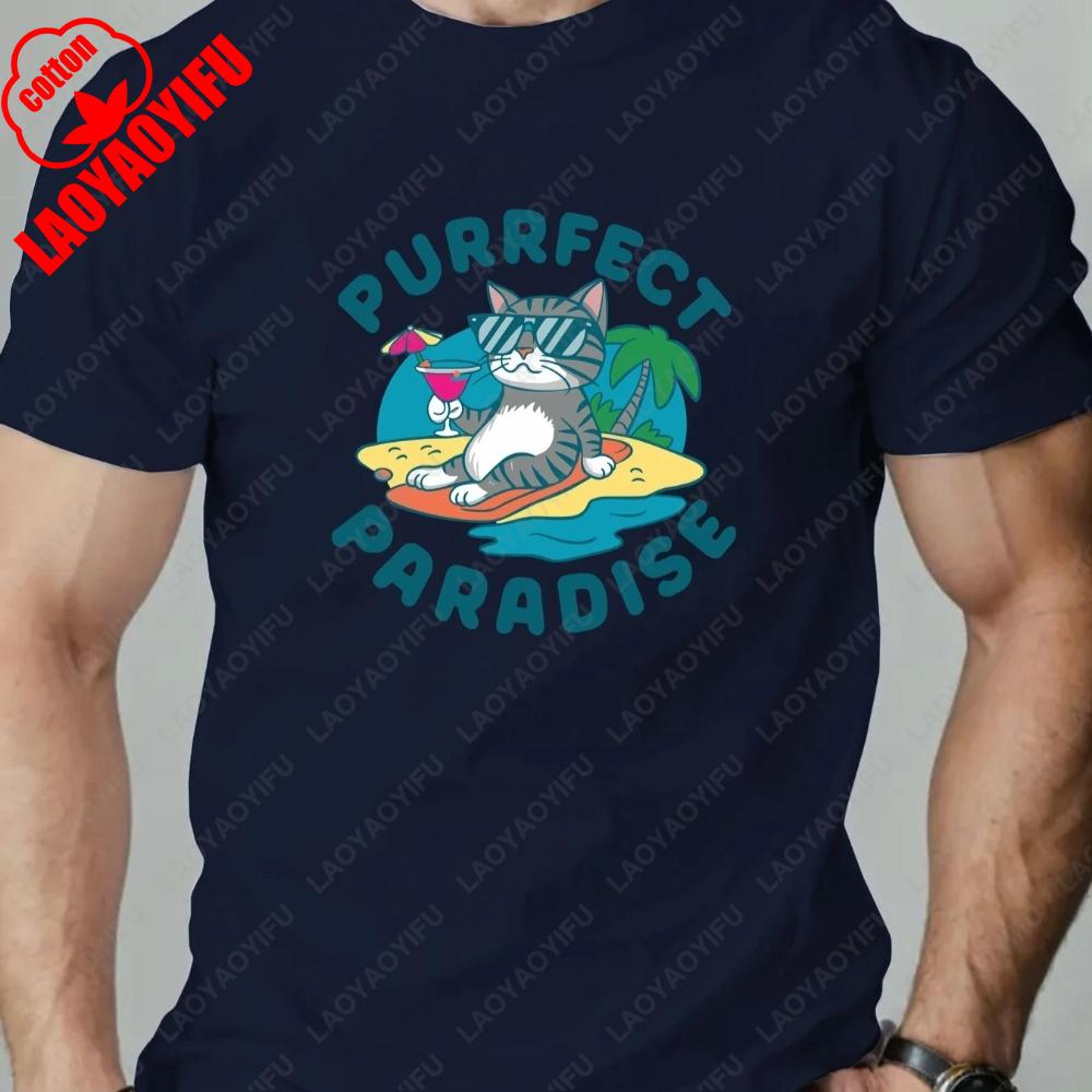 Mens TShirt Kitten on Vacation Cartoon Pattern Summer Leisure Breathable Round Neck T Shirt High Quality Printed Tshirt