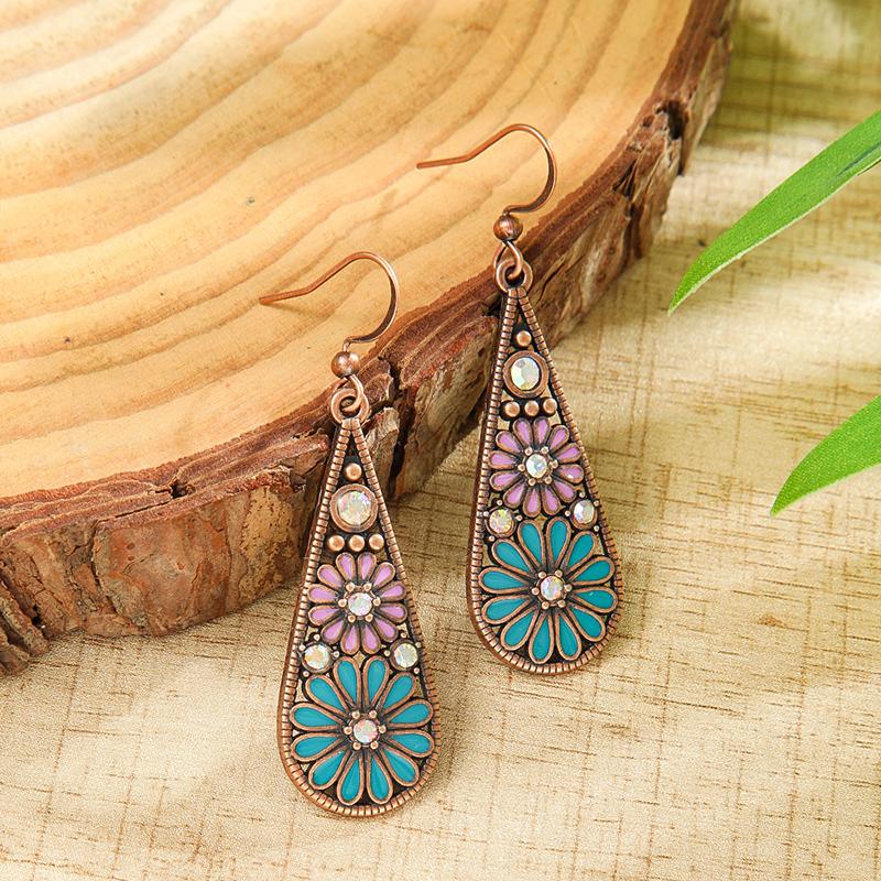 Fashion Ethnic Boho Enamel Flower Long Drop Dangle Earrings For Women Rhinestone Geometric Waterdrop Vintage Wedding Jewelry