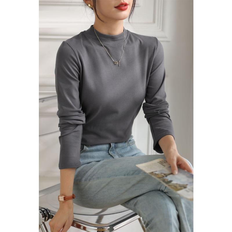Half High Collar Long Sleeve T-Shirts Women Top Autumn Winter Solid Loose Modal T-shirt Top