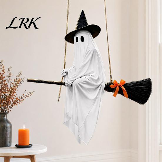 Whimsical Halloween Ghost Statue Hanging Decoration with Witch Hat and Broom, Spooky Flying Party Atmosphere Prop Ornament for Haunted House