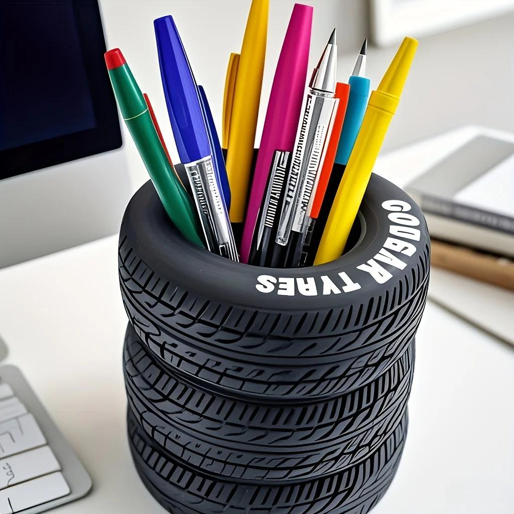 1pc Fun Tire-Shaped Pen Holder -PVC Desk Organizer, Ideal for School and Office Supplies, Painted Finish, Office Supplies