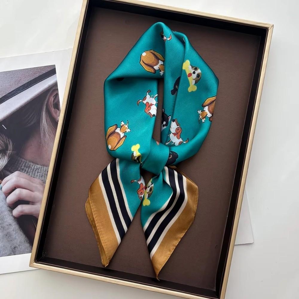 Cartoon Dog Print Women Square Scarf 70x70cm Silk Scarf Cute Shawl Fashion Accessory