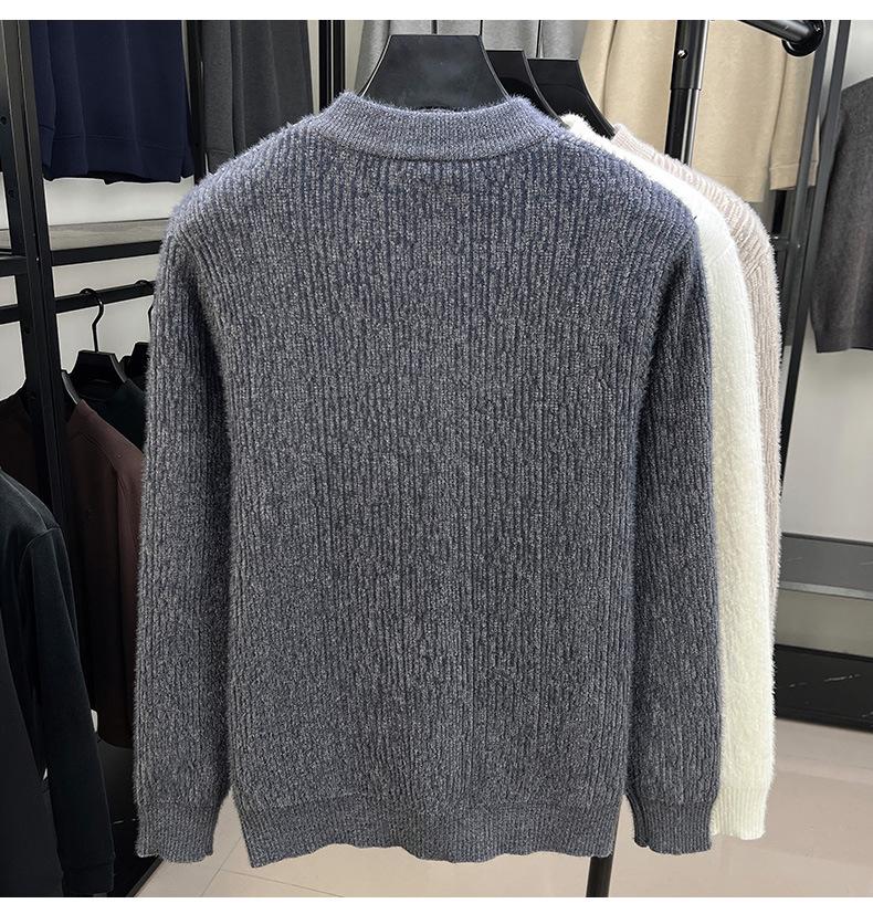 Men's Ferret Velvet Knit Fleece Pullover: Warm Round Neck Casual Fashion Base Layer Sweater