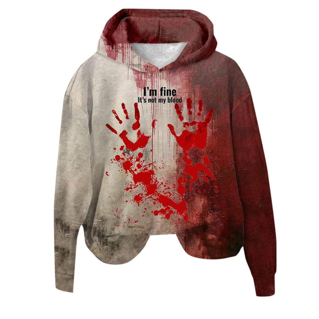 Women's 3D Bloody Letters Printed Long Sleeved Loose Hooded Sweatshirt New Halloween Ladies Casual Long Sleeved Pullover