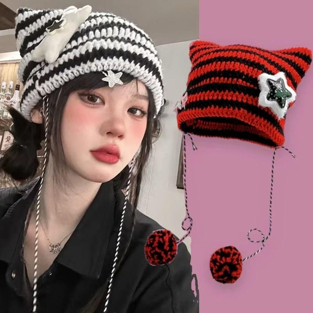 Y2K Cute Y2K Beanie Hat Striped Knitted Beanie Hat Knitting Wool Cap Autumn Winter