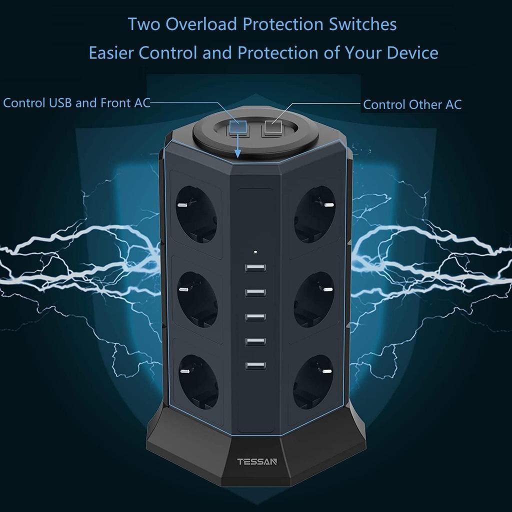 Tessan Удлинитель с несколькими розетками, 11-контактная башня с розетками (2500 Вт/10 А) с 3 USB-портами (5 В/3,1 А) и кабель 2,0 м для дома и офиса