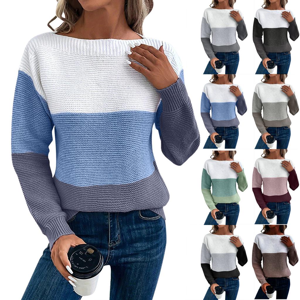 Women's Fashionable Long-sleeved Color-blocking Pullover Knitted Sweater Top