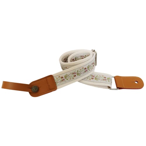 MUSIC FIRST Original Design Vintage Floral Embroidered Genuine Leather Ukulele Strap, Ukulele Shoulder Strap with Genuine Leather Strap Locker