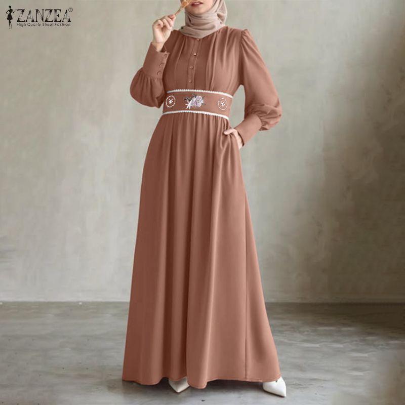 ZANZEA Мусульманское повседневное женское платье с круглым вырезом, длинными рукавами, свободного кроя, с принтом