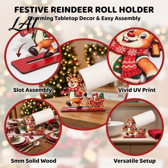 Cute Christmas Home Decor Paper Towel Holder 2D Flat Wooden Santa/Elf Boy/Reindeer Toilet Holder Stand Countertop Napkin Dispenser for Holiday