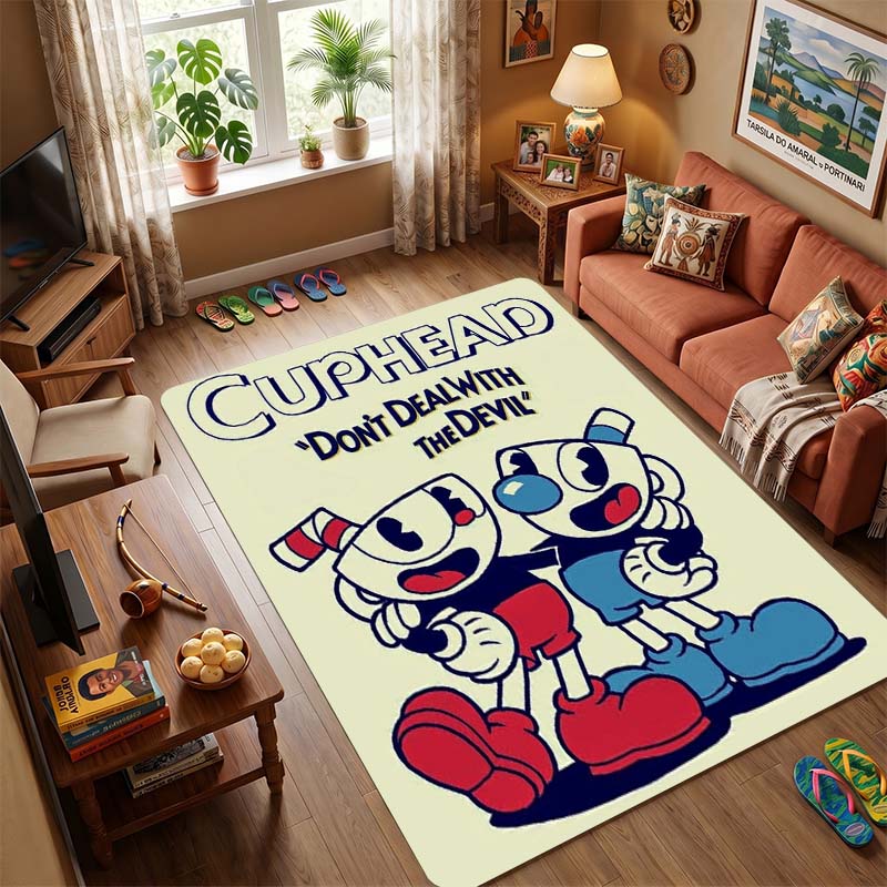The Art of Cuphead Area Rug, Non-Slip Floor Mat with Retro Cartoon Print, Durable Carpet for Living Room, Bedroom, Kids Playroom, Great Gift for Fans