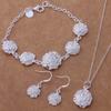 Rose Flower 925 Sterling Silver Plated Jewelry Set: Earrings, Necklace, and Bracelet In European and American Fashion.