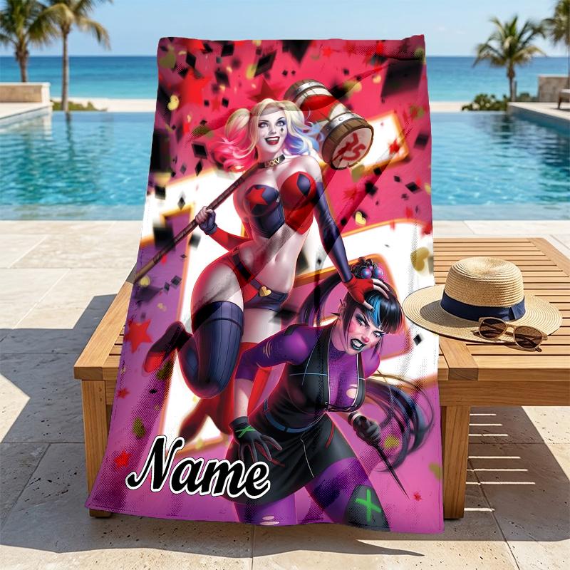 Custom Name Harley Quinn Stylish Digital Printing Beach Towel Quick‑Drying Absorbent Blanket for Beach Pool Gym Travel