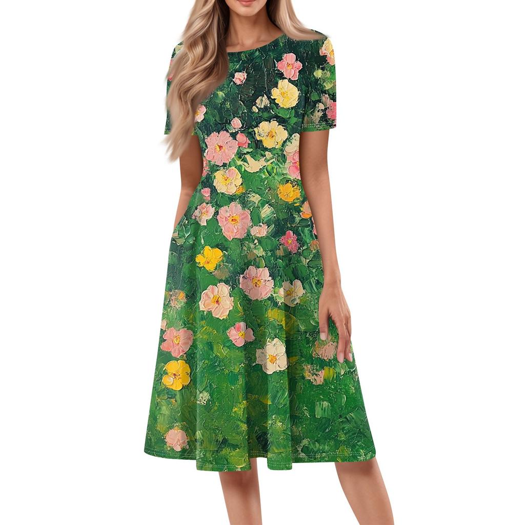 Женское свободное повседневное и модное платье с круглым вырезом и короткими рукавами, средней длины с принтом