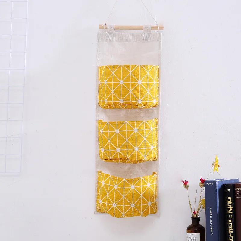 Three Pockets Hanging Wall Storage Bag Household Bedroom Living Room Kitchen Cotton Linen Storage Bag