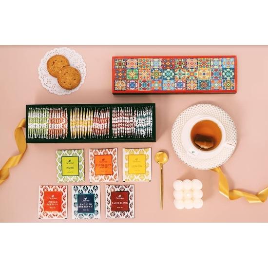 Octavius Assortment of Fine Black & Green Teas- 60 Enveloped Teabags In Tile Motif Wooden Gift Box | Gifts for Men & Women