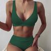 Women's Sexy V-neck Pit Striped Bikini High Waist Split Swimsuit 10 Colors