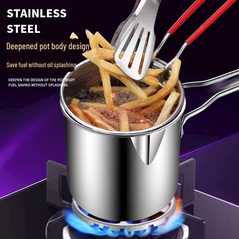 Маленькая сковорода из нержавеющей стали с длинной ручкой и фильтром-корзиной объемом 1200 мл для индукционных и газовых плит