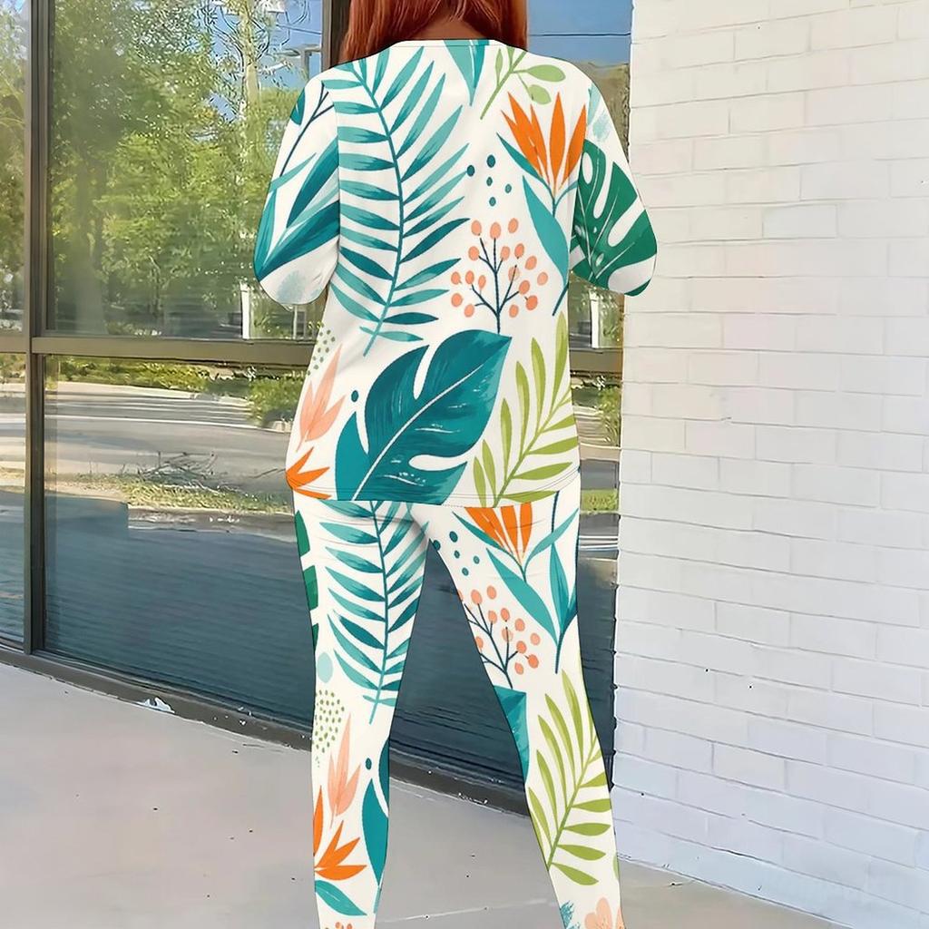 Women Plus Size Two Piece Pants Set Round Neck Long Sleeve Printed Top And Fitted Pants