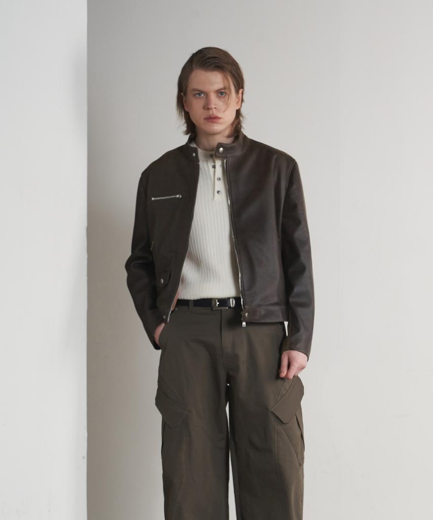 Sperone [Real Leather] Cracked Washed Mandarin Collar Zip-Up Jacket (Brown)