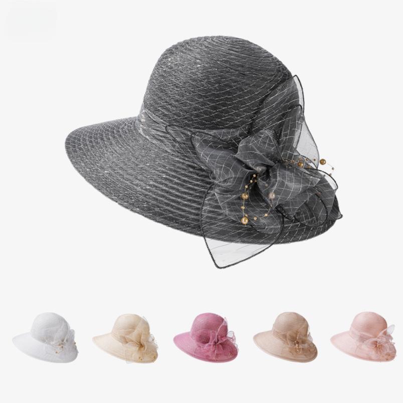 Новые шляпы от солнца из органзы с цветком, женские летние шляпы для свадебной вечеринки, шляпы для церкви, женские солнцезащитные шляпы для путешествий и пляжа с защитой от ультрафиолета