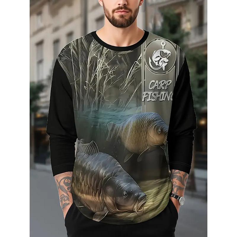 Мужские футболки с длинным рукавом для рыбалки на открытом воздухе, 3D-принт рыбы, футболка с круглым вырезом, летний повседневный свободный топ оверсайз, мужская одежда для рыбалки