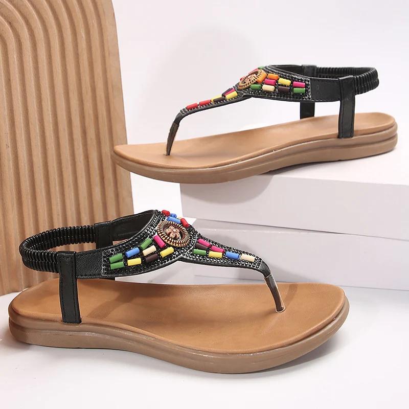 Fashion Fashion Mix Color Bohemian Sandals for Women 2025 New Clip-Toe Flat Heels Gladiator Shoes Woman Pu Leather Non-Slip Sandals