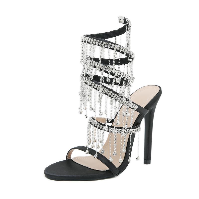 Модные женские босоножки с кисточками и кристаллами, украшенные бисером и ремешком на щиколотке, на высоком каблуке, сексуальные женские туфли для ночного клуба