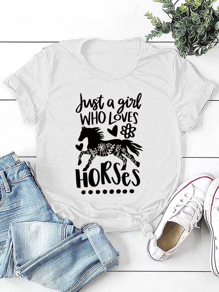Женская футболка Just A Girl Love Horse Print с коротким рукавом и круглым вырезом, свободная женская футболка, женские футболки, топы, Camisetas Mujer