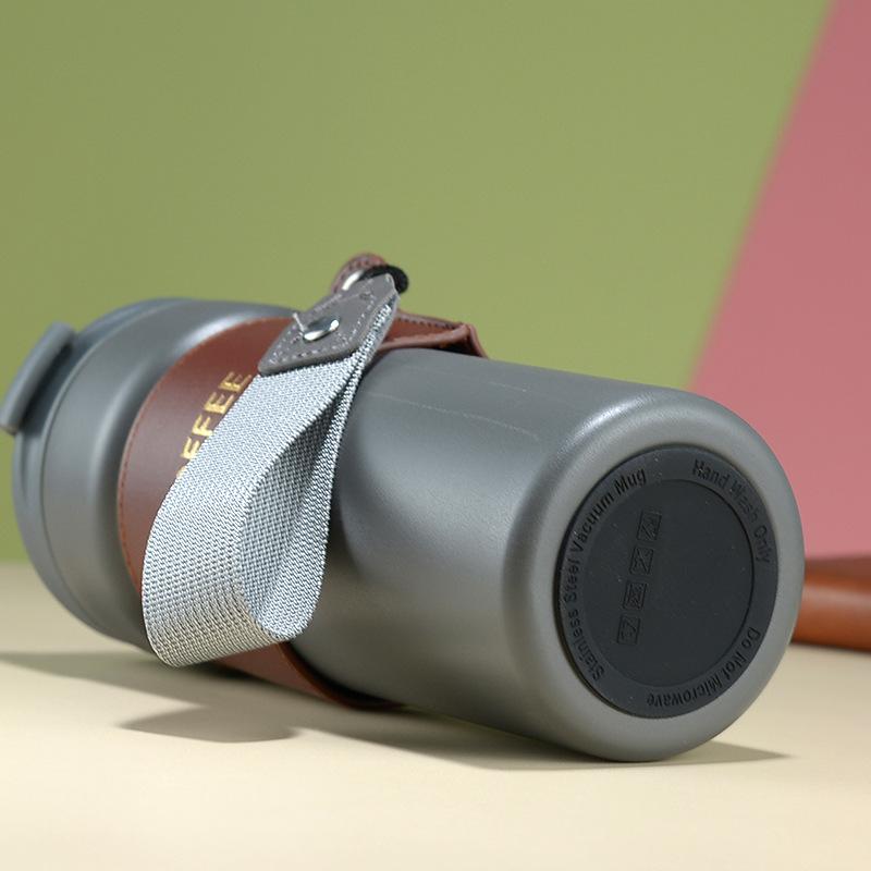 Двойная кофейная кружка из нержавеющей стали, 450 мл, кружка-термос с кожаным чехлом, герметичная автомобильная термос, дорожная изолированная бутылка