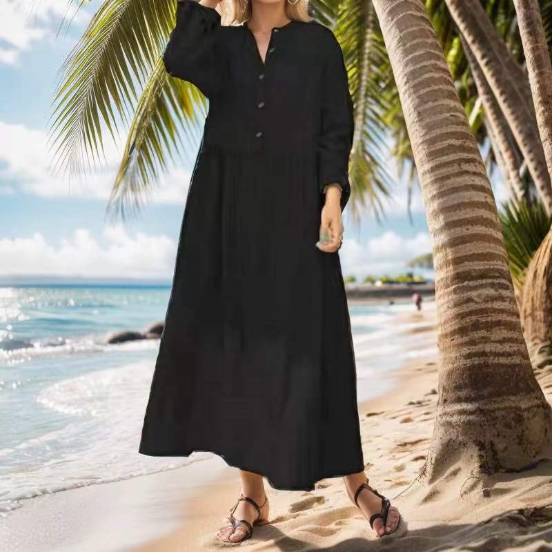 Summer Women Loose Dress Cotton Linen Dress Plian Long Maxi Dress Kaftan