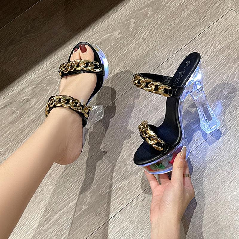 Женская обувь, пикантные шлепанцы на высоком каблуке со светящейся металлической пряжкой и кристаллами, серия 10365, каблук 14 см, платформа 4 см, LFD