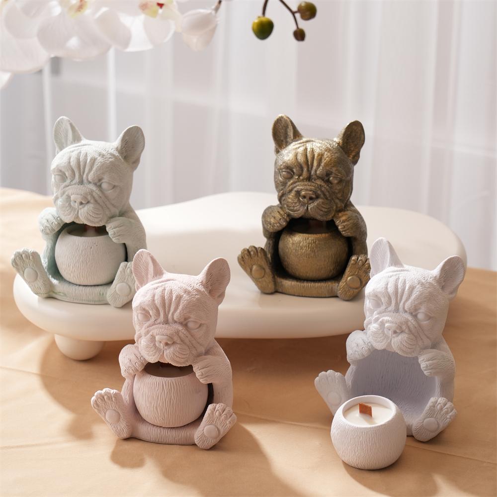French Bulldog Puppy Hollow Candle Holder Silicone Mold Concrete Plaster Candlestick Mold Resin Cat Soy Wax Holder Candle Jar