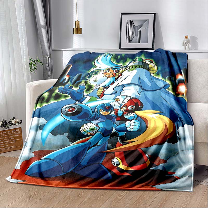 Mega Man Anime Print Flannel Throw Blanket Soft Warm Bed Cover for Kids Bedroom Sofa Home Decor Gift