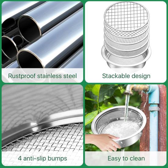 Soil Sifter Set Stainless Steel Sieve Frame with 5 Mesh Sieve Pans