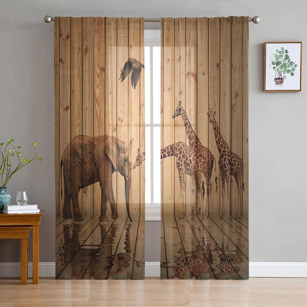 Giraffe Animal Oil Painting Tulle Curtains Balcony Room Fashion Printed Sheer Curtain Living Room Window Modern Decor