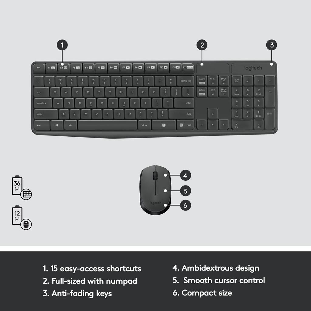 Logitech MK235 Wireless Keyboard and Mouse Set Office Keyboard and Mouse Set with Wireless 2.4G Receiver